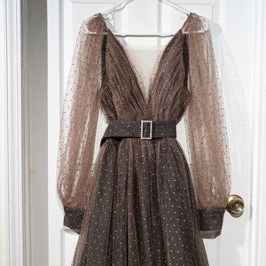 Formal Floorlength Dress - Brown with Pink Polka Dots